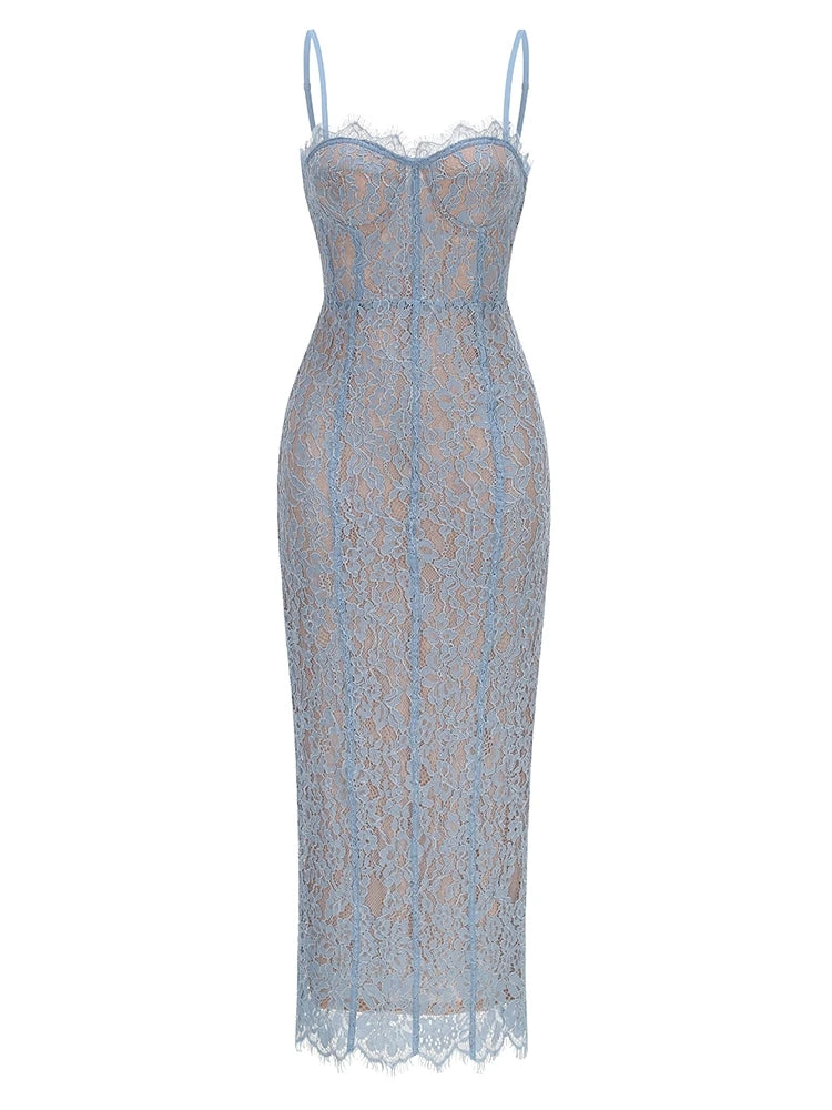 Sexy Spaghetti Strap V Neck Lace Long Dress Women Black Floral Lace Sleeveless Bodycon Dresses Elegant Evening Celebrity Party Blue