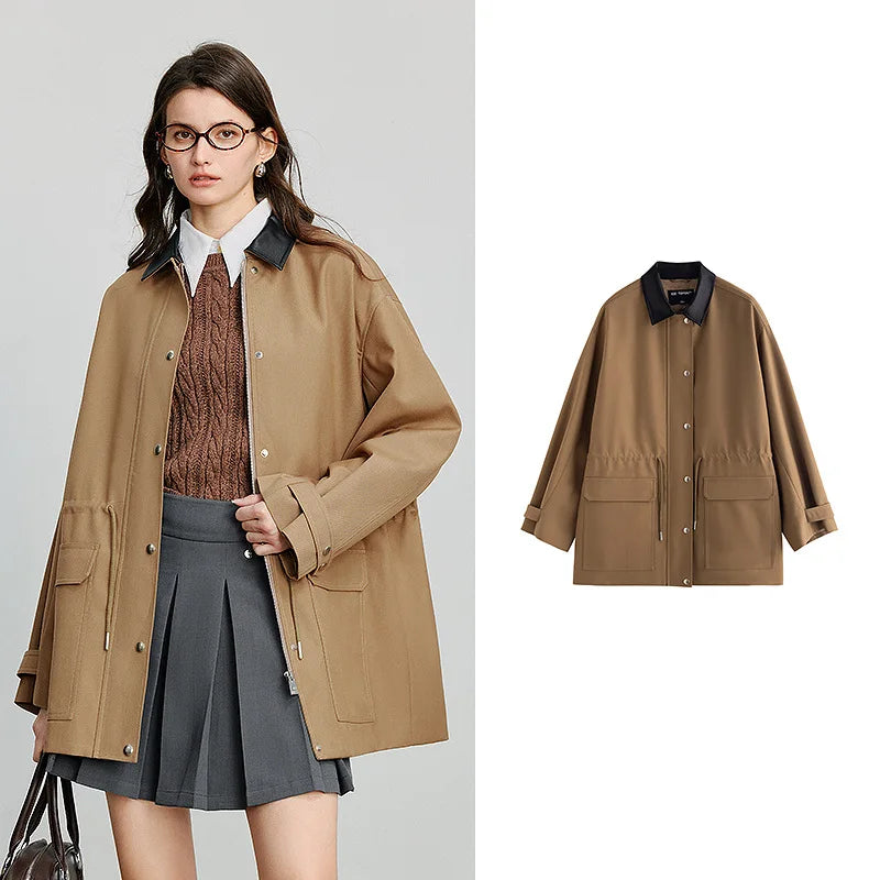 Trench Coat Feminino Midi Patchwork Estilo Workwear Brown