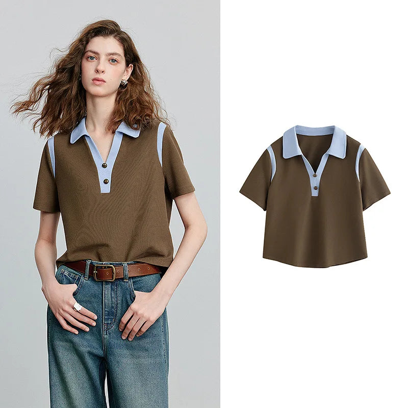 Camiseta Polo Feminina Color Block de Algodão Piquet