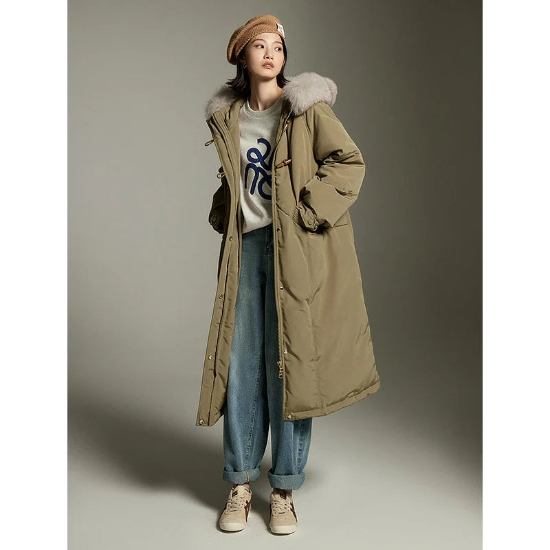 Casaco Puffer Feminino Longo Verde com Gola de Pelo