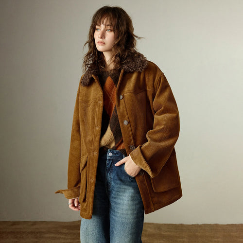 Casaco Feminino Longo Forrado com Fleece e Gola de Pelo
