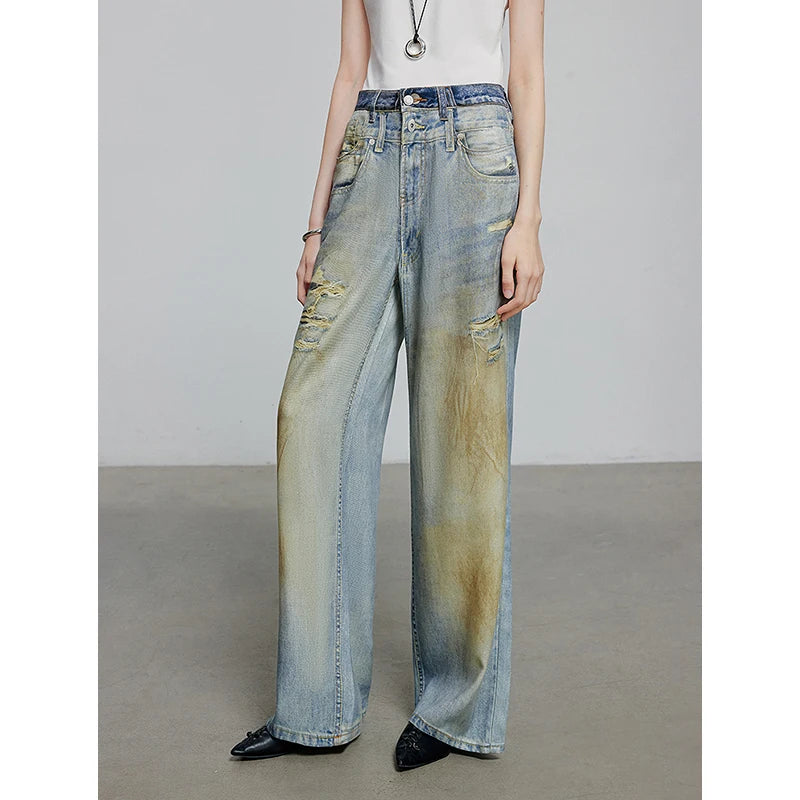 Calça Jeans Feminina Wide Leg Estampada em Liocel