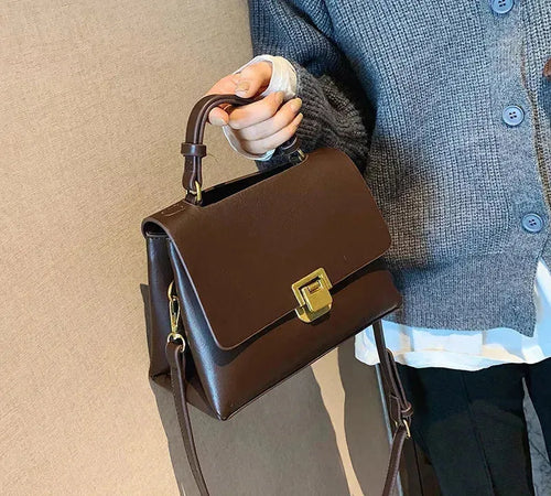 Bolsa Transversal Feminina de Couro PU Vintage com Fecho Dourado