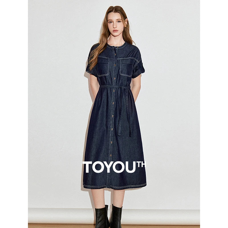 Vestido Jeans Midi Manga Curta com Amarração