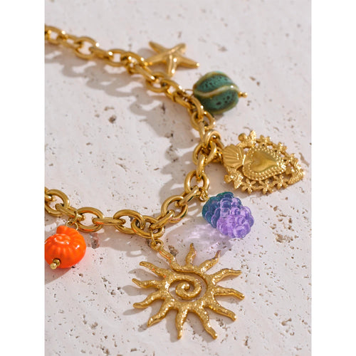 Yhpup Exquisite Ceramic Ocean Style Sun Pendant Necklace Fashion Trendy Stainless Steel Collar Arrivals Jewelry Recommend