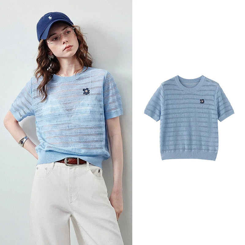 Blusa Feminina de Tricô Texturizado Slim Gola Redonda