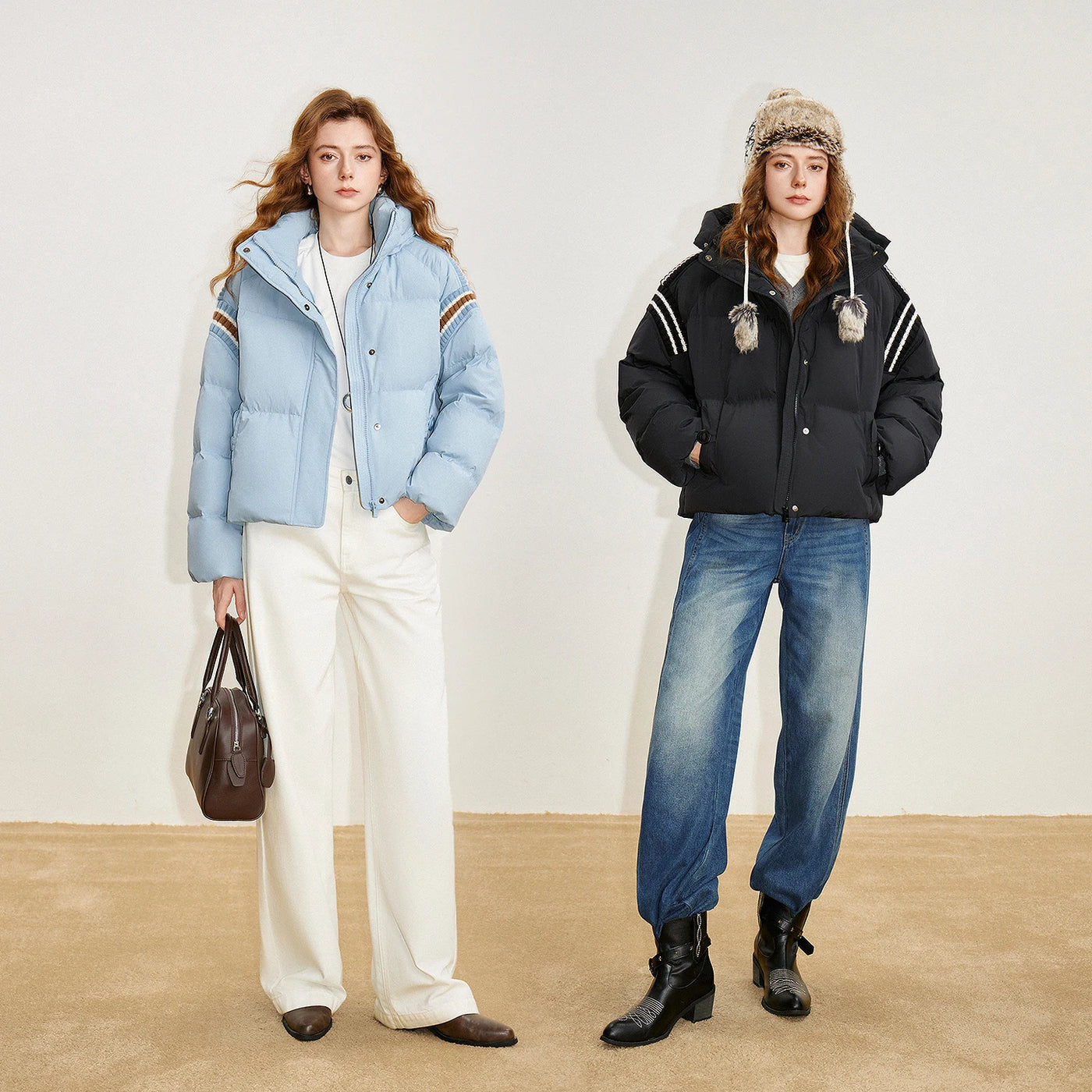 Jaqueta Puffer Feminina 90% Plumas com Capuz e Tricô