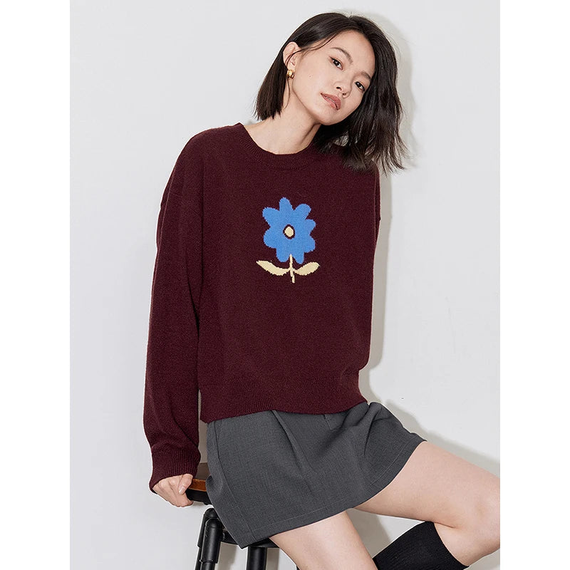 Suéter Feminino Floral Jacquard Grosso para Inverno