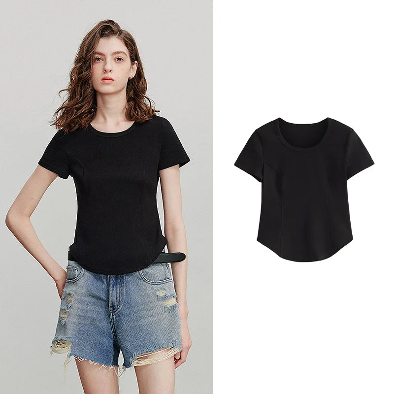 Camiseta Feminina Slim com Recortes e Manga Curta