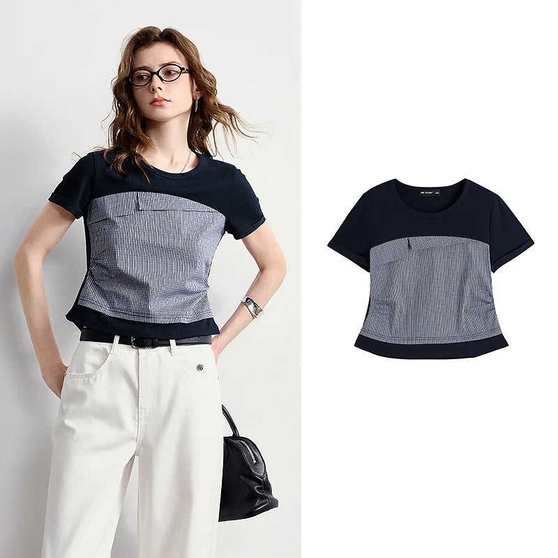 Camiseta Feminina Xadrez Efeito Duas Peças Slim