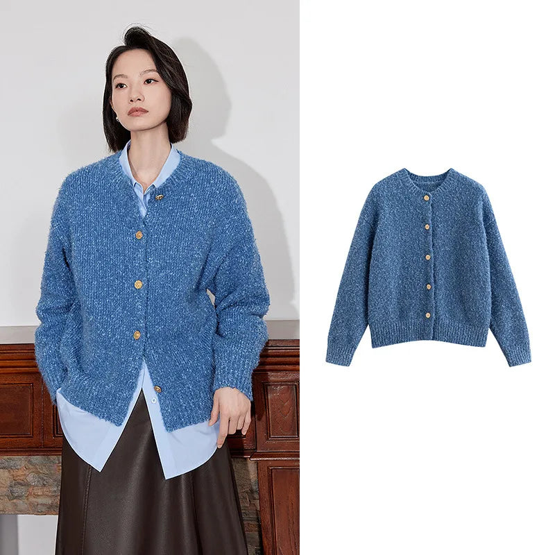 Cardigan Feminino de Tricô Aveludado com Botões
