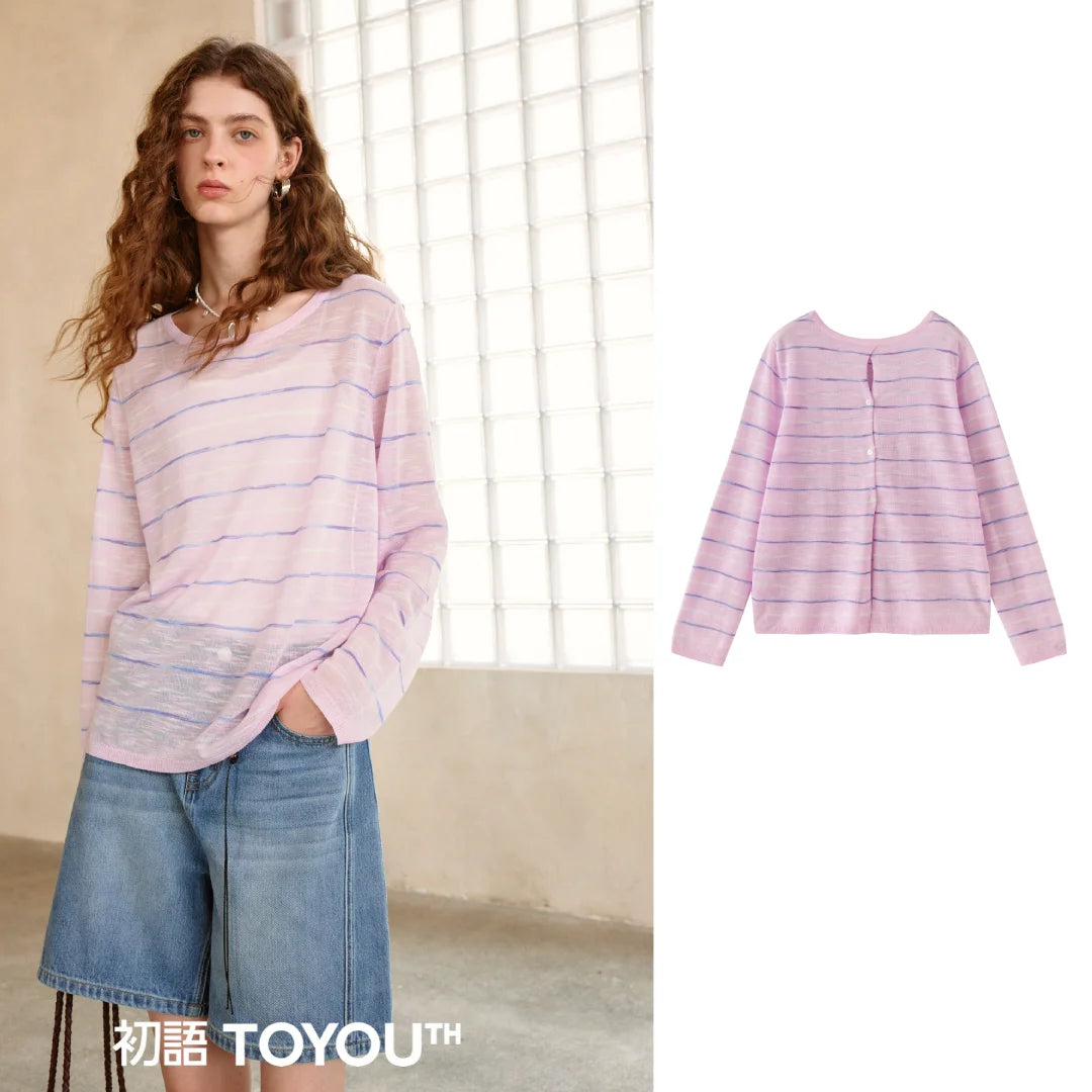 Blusa Feminina de Linho Listrada com Fenda nas Costas
