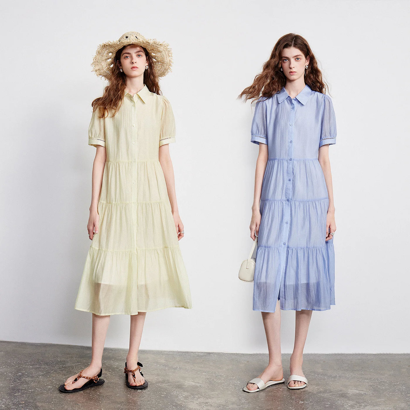 Vestido Midi Azul-Claro de Liocel com Botões