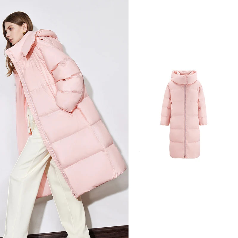 Casaco Puffer Feminino Midi com Capuz 90% Plumas Pink