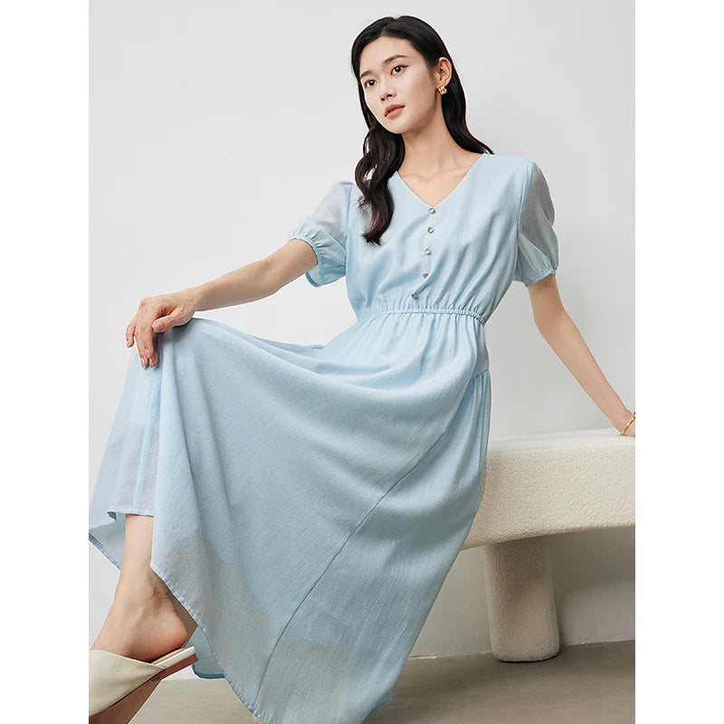 Vestido Midi com Decote V e Manga Bufante Acetinado