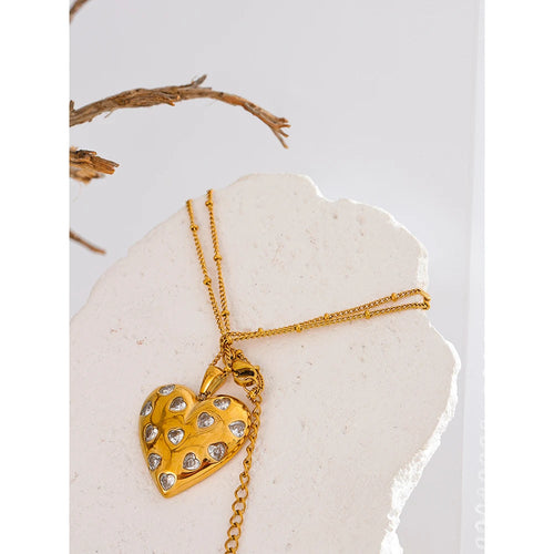Yhpup Shiny Cubic Zirconia Heart Love Golden Necklace Pendant 316L Stainless Steel Romantic Premium Jewelry Waterproof