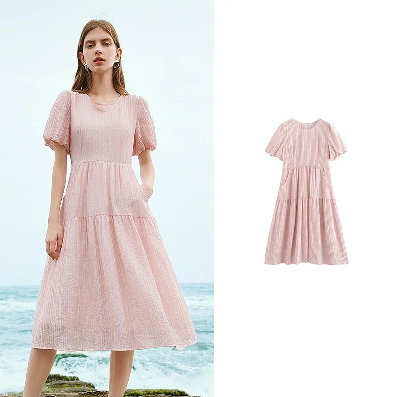 Vestido Midi Plissado com Manga Bufante