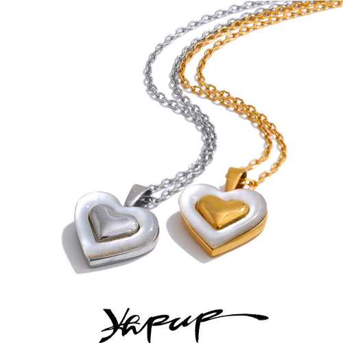 Yhpup Valentine's Day Gift Shell Heart Love Chic Pendant Necklace for Women Stainless Steel Exquisite Collar Jewelry