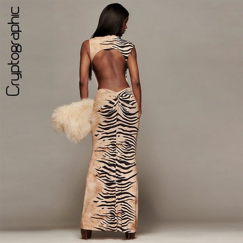 Vestido Longo Feminino Zebra com Cintura Franzida