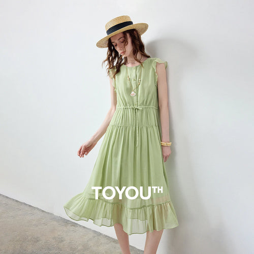Vestido Midi de Chiffon com Babados e Cintura Marcada