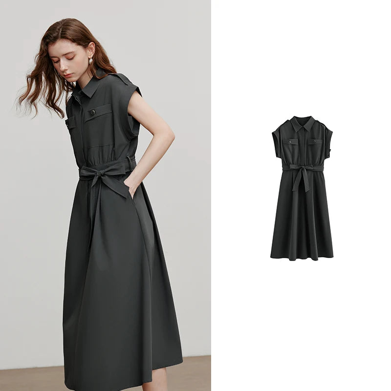 Vestido Chemise Midi com Cinto e Gola Polo