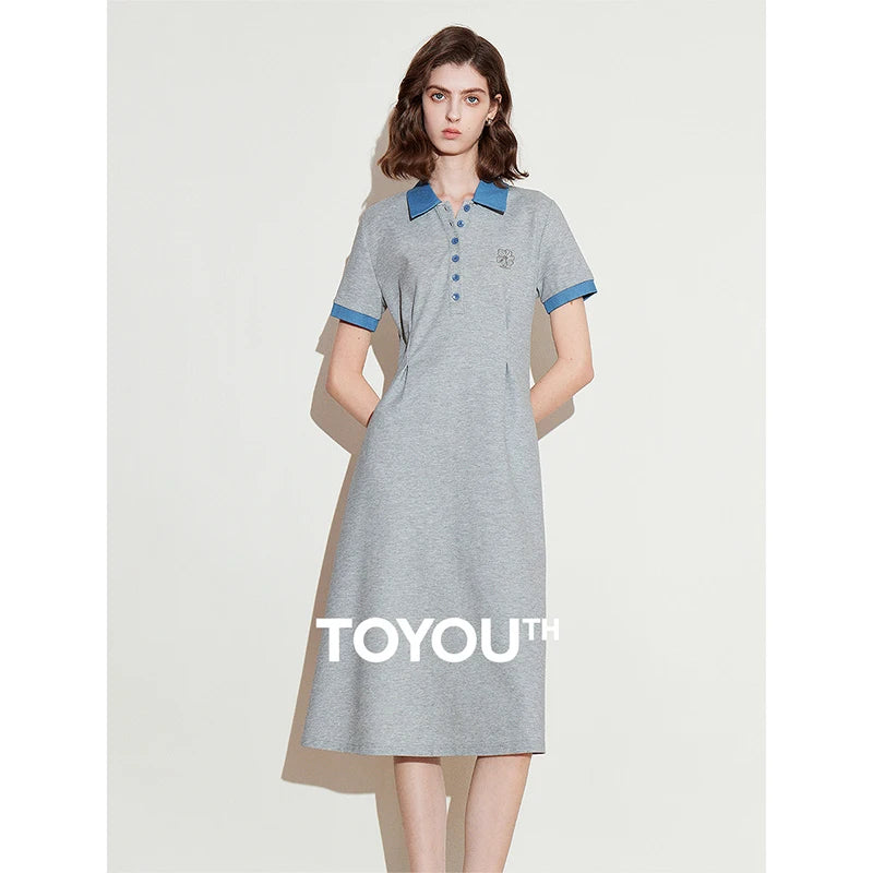 Vestido Polo Midi com Bordado Floral e Cintura Marcada