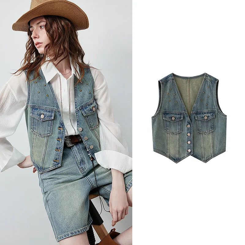 Colete Jeans Feminino Cropped 100% Algodão com Rebites Light Blue