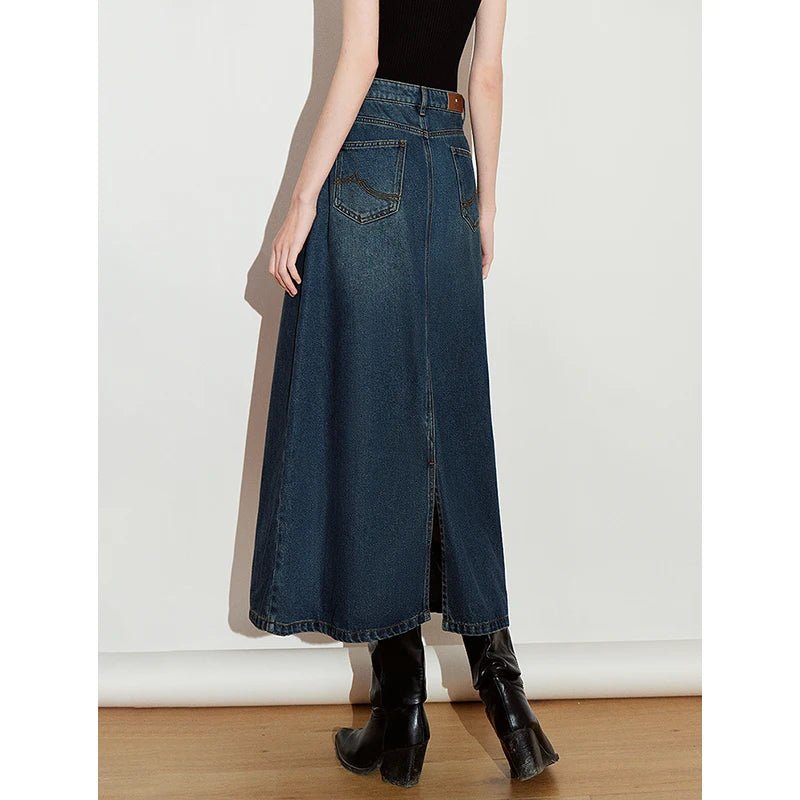 Saia Jeans Midi Feminina com Bolsos Evasê de Liocel