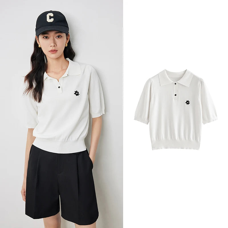 Blusa Feminina de Tricô com Gola Polo e Manga Curta