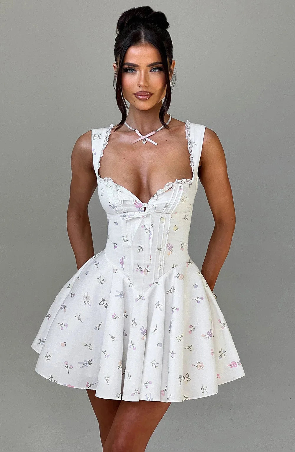 Sexy Lace Corset Short Dress Women's Slip Sundress Vintage Button Mini Sun Dresses Summer Female Clothing Blue White Yellow New Floral
