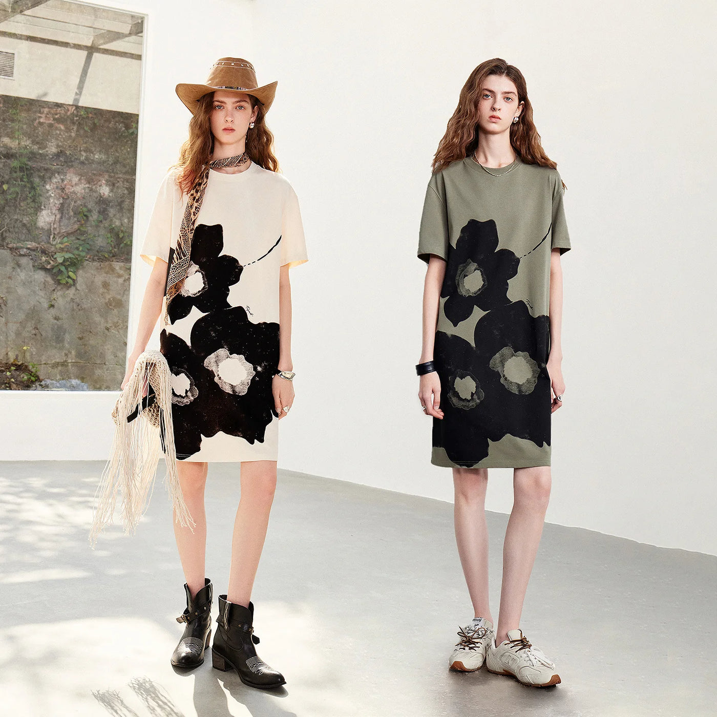 Vestido Camiseta Floral de Algodão com Caimento Solto