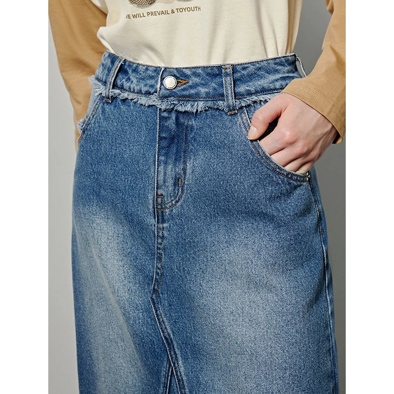 Saia Jeans Midi Feminina com Bolsos Evasê de Algodão