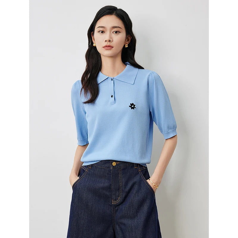Blusa Feminina de Tricô com Gola Polo e Manga Curta