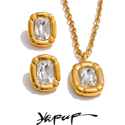 Yhpup Shiny Cubic Zirconia Rectangle Pendant Necklace Earrings Quality Gold Color PVD Plated Stainless Steel Premium Jewelry