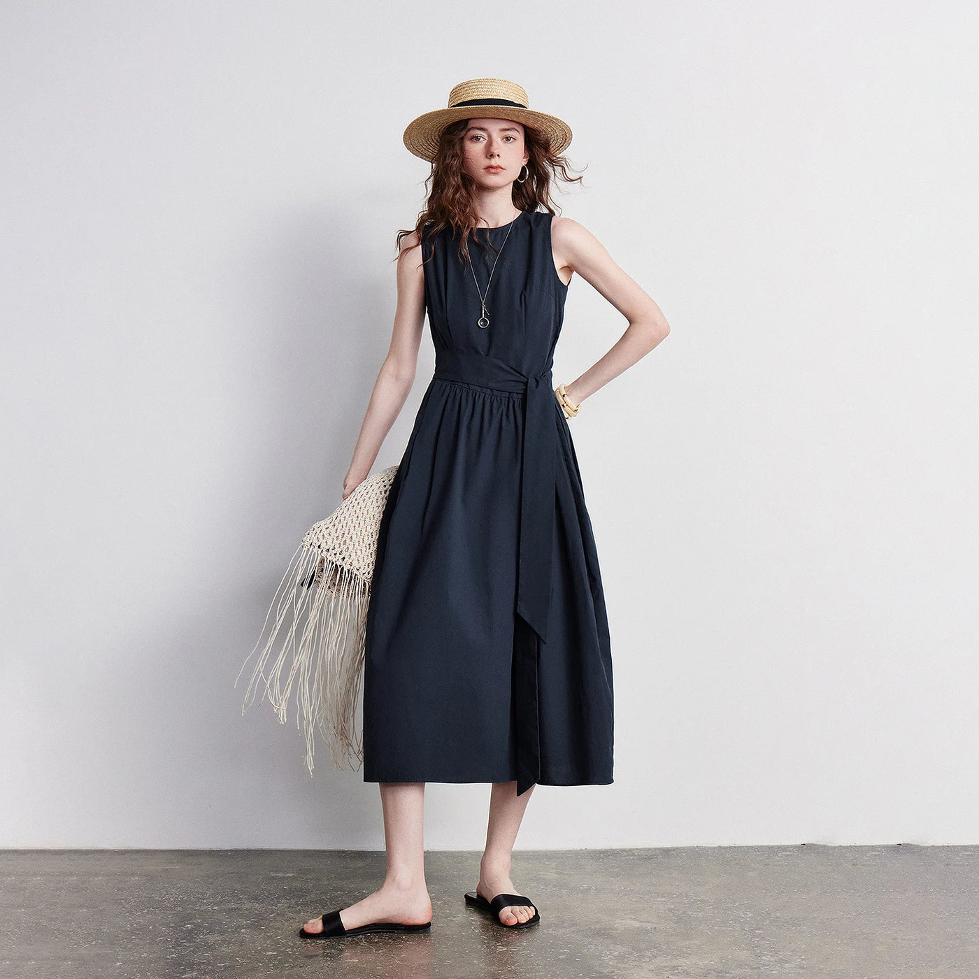 Vestido Midi em Algodão com Cintura Marcada