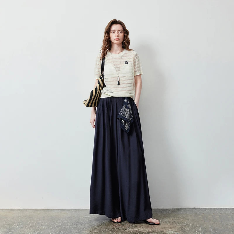 Calça Pantalona Feminina Azul-Marinho com Cós Elástico