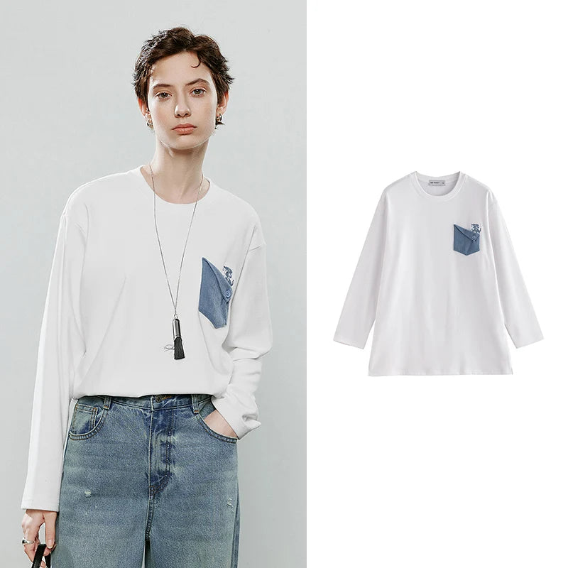 Blusa Feminina Assimétrica com Bordado Cachorro e Bolso