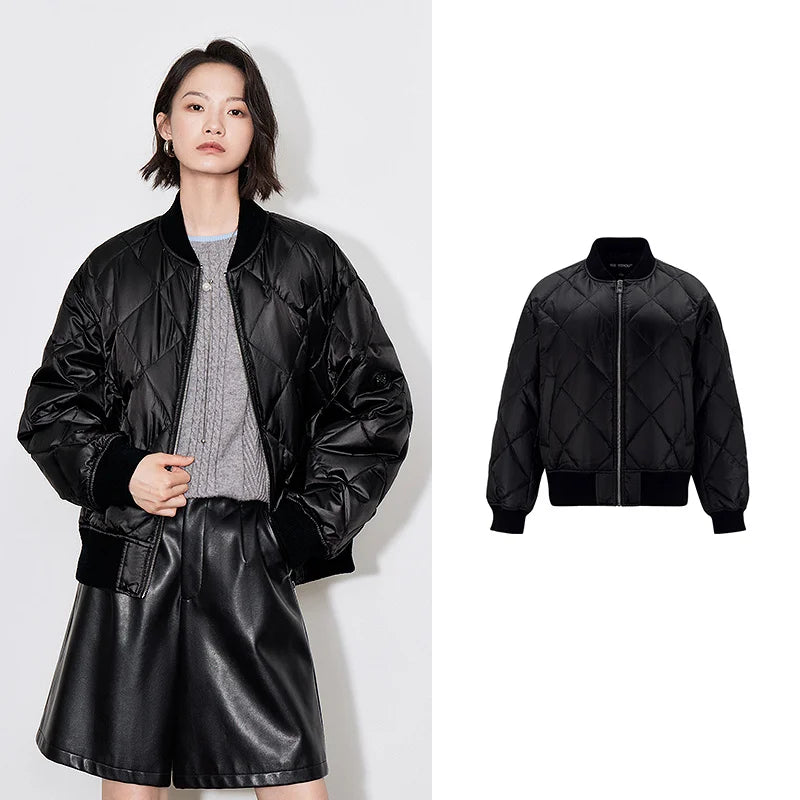 Jaqueta Bomber Feminina com Plumas e Estilo Motociclista Black