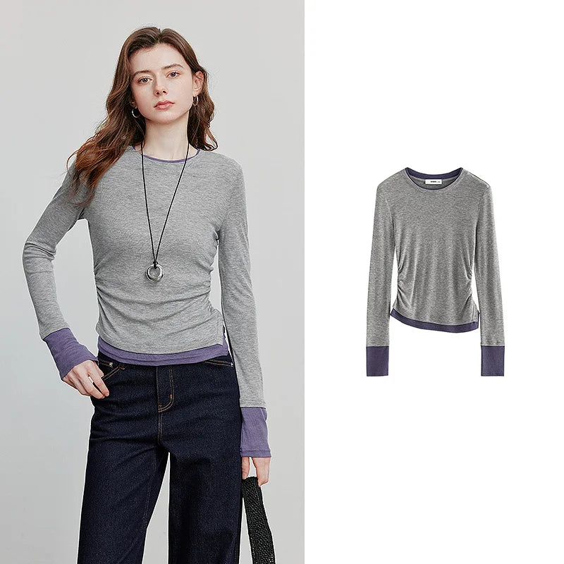 Blusa Feminina Efeito Duas Peças com Pregas Manga Longa