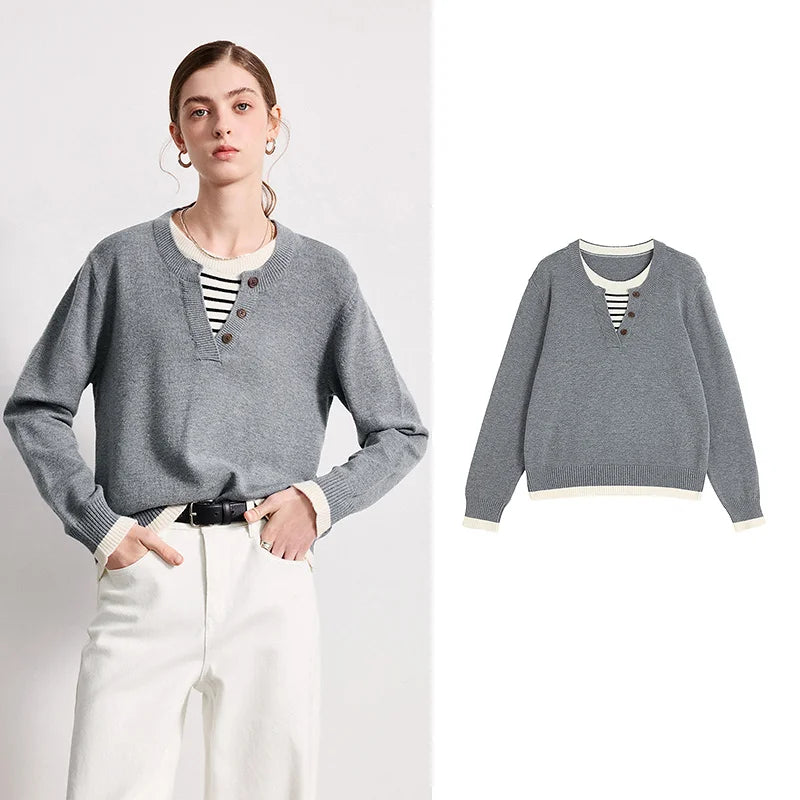 Suéter Feminino Bicolor Efeito Duas Peças em Viscose