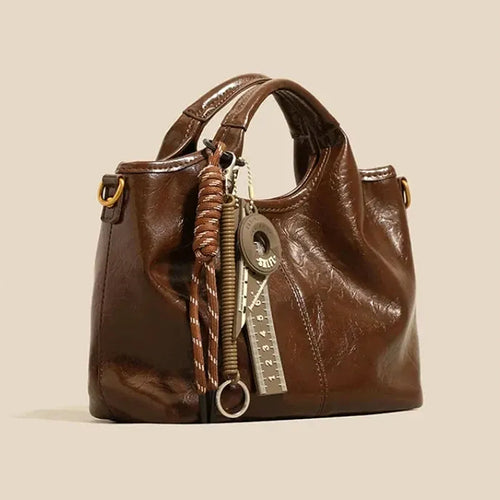 Bolsa Feminina de Couro Legítimo Bucket Vintage com Zíper para Dia a Dia