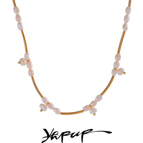 Yhpup Natural Freshwater Pearls Stainless Steel Pipe Handmade Necklace Bracelet Gold Color PVD Plated Fashion Jewelry Bijoux