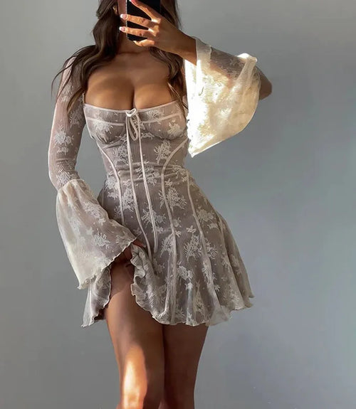 Vestido Curto Feminino Corset com Renda e Decote Quadrado