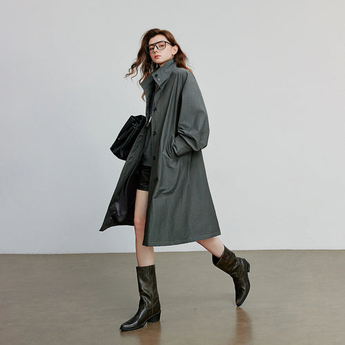 Trench Coat Feminino Midi Leve Estilo Barn com Gola Alta