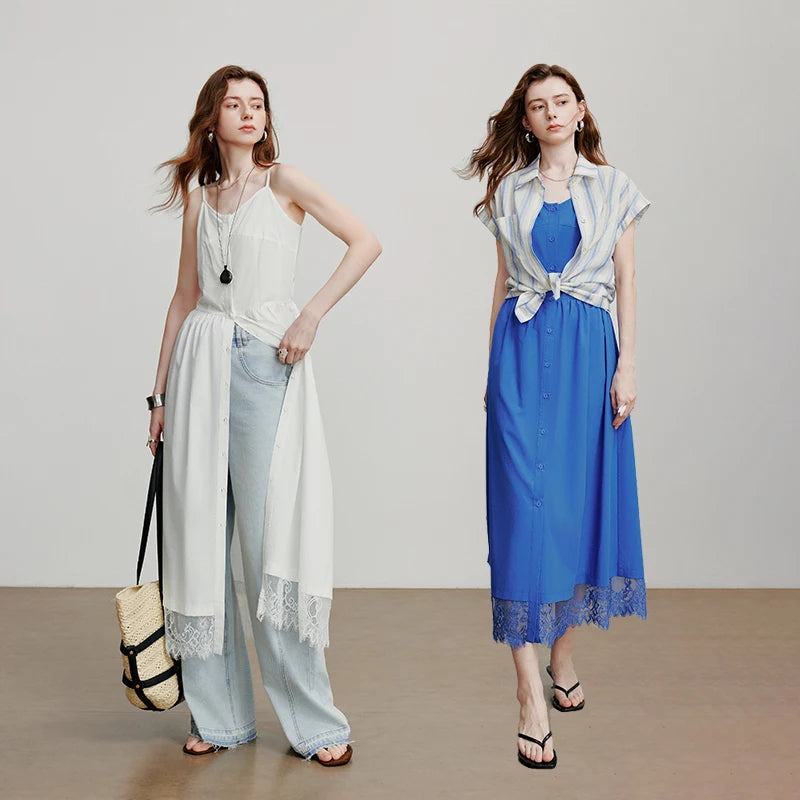 Vestido Midi de Liocel com Alças e Detalhe de Renda