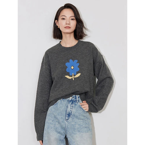 Suéter Feminino Floral Jacquard Grosso para Inverno