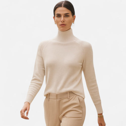 Suéter de Lã Merino e Cashmere com Gola Alta para Mulheres Bege