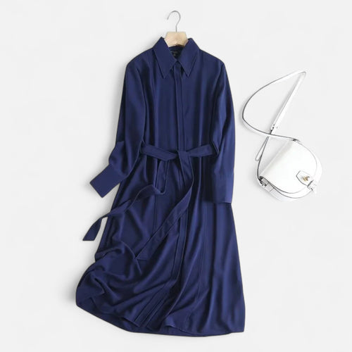 Vestido Camisa Midi em Algodão com Cinto para Mulheres - Corte Slim Marinho