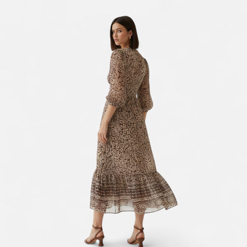 Vestido Midi Estampado Feminino – Elegância de Outono com Decote em V