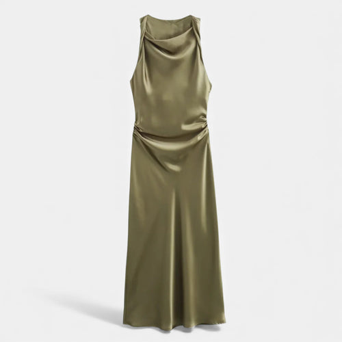 Vestido Midi de Cetim Elegante para Mulheres Verde Oliva